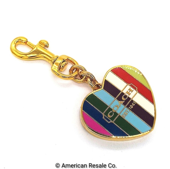 COACH Vintage Legacy Stripe Magnetic Heart Gold Locket Fob Keychain Poppy - Picture 5 of 10